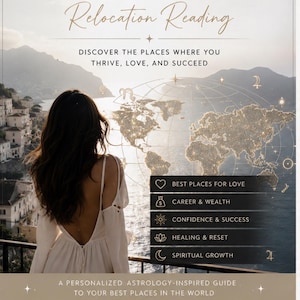 May include: Astrocartography Relocation Reading guide with a world map and a woman in a white dress. The guide promises to help discover places for love, career, wealth, confidence, healing, and spiritual growth. Includes PDF download and lifetime guidance.