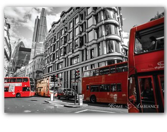 Double decker bus photo print, London print decor, Single color, Black and white with one color, red bus, Large canvas, London wall art