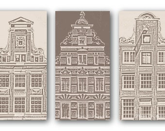 Triptych wall art Amsterdam houses, traditional Dutch decor, brown palette print, Amsterdam sketch, typical Dutch rooftops, three canvas set