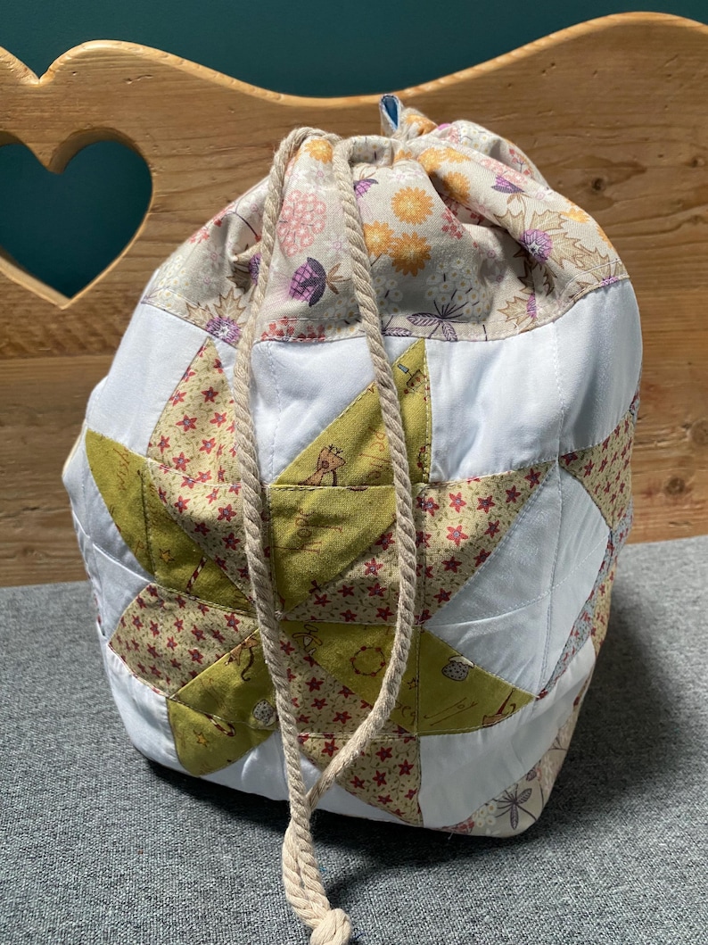 Large drawstring patchwork knitting project bag image 4