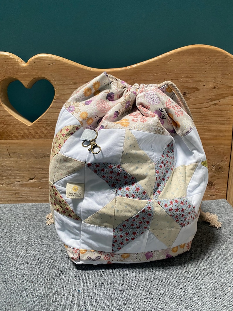 Large drawstring patchwork knitting project bag image 3