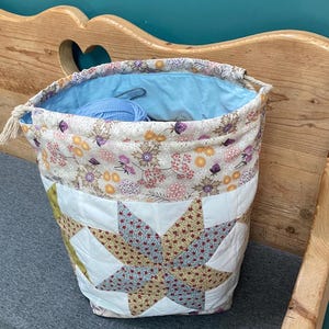 Large drawstring patchwork knitting project bag