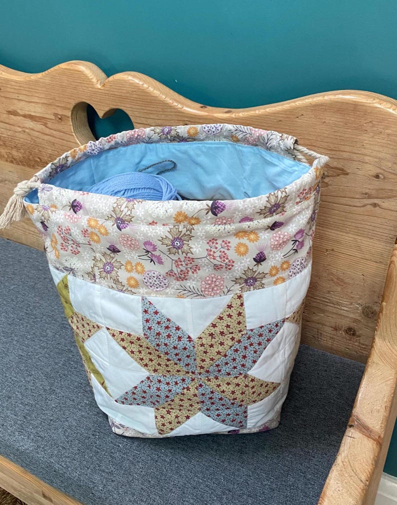 Large drawstring patchwork knitting project bag image 1