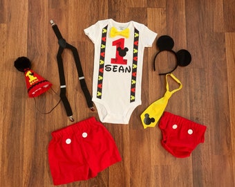 Mickey Mouse First Birthday Outfit Boy, Suspenders, 1st Birthday Outfit Boy, Smash Cake Outfit, Custom Birthday Outfit, Mickey Birthday