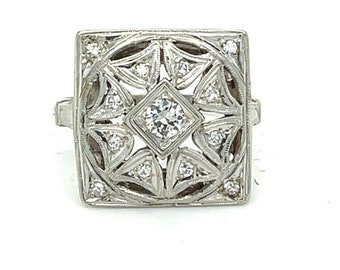 Vintage 14k White Gold Square Cluster Diamond Ring - size 7.5 - fine jewelry - 0106