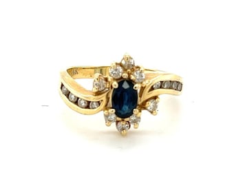 Vintage 14K Yellow Gold Sapphire Diamond Ring - 1980s Statement Jewelry