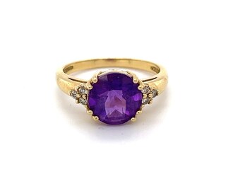 Vintage 14K Yellow Gold Ring with Purple Sapphire and Diamond Fancy Cut Gemstone - Fine Jewelry - Solid gold - 0053