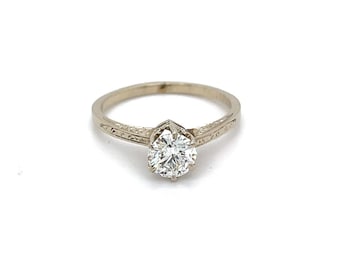 Antique 14k White Gold Basket Style Setting with Modern Round Brilliant Diamond - .68ct - 0051