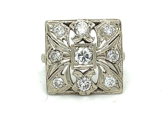 Art Deco Diamond Ring: 14K Gold Square Statement Ring, Size 6.25