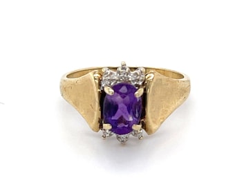 Vintage 10K Yellow Gold Amethyst and Diamond Ring - 1990s Jewelry - Fine Jewelry - 0041