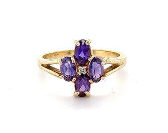 Vintage 14K Gold Flower Gemstone Ring - Amethyst Split Shank - Modern Estate Jewelry - 0082
