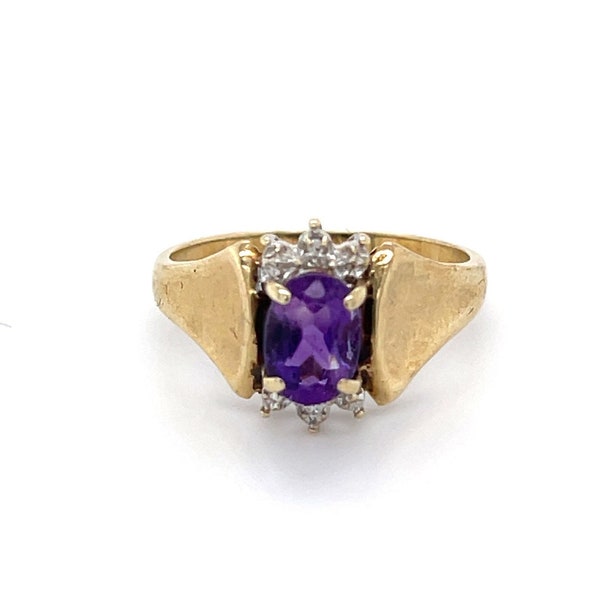 Vintage 10K Yellow Gold Amethyst and Diamond Ring - 1990s Jewelry - Fine Jewelry - 0041