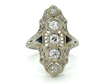 Edwardian Diamond and Sapphire Ring: 18K White Gold Filigree, Size 6.75