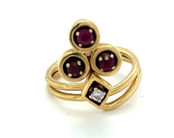 Vintage 14K Gold Wire Wrap Ring: Ruby and Diamond Clover