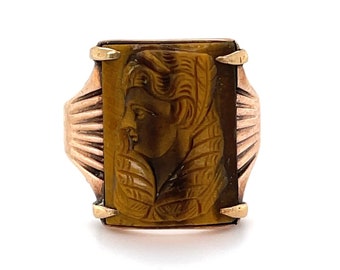 Vintage 10K Yellow Gold Tiger's Eye Pharaoh Cameo Ring
