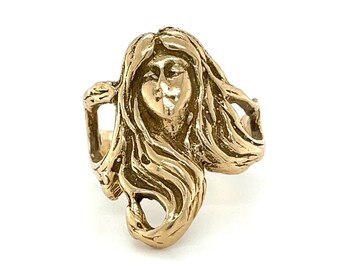 Vintage Art Nouveau 14k Yellow Gold Goddess Ring - Flowing Hair