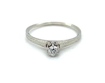 Art Deco Diamond Solitaire Ring: 14k White Gold Engagement Ring