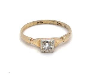 Vintage 10K Yellow Gold Diamond Ring Illusion Setting 1930 / 1940 Jewelry