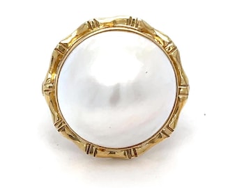 Vintage 14K yellow Gold Large Mabe Pearl Cocktail Ring Bamboo Design - Estate Jewelry - 0112