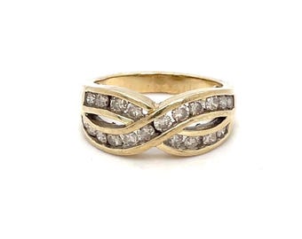 Vintage 10K Yellow Gold Channel Set Diamond Criss Cross Ring - Fine Jewelry
