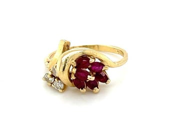 Vintage 14K Yellow Gold Ruby and Diamond Cocktail Ring - July Birthstone - women's fine jewelry