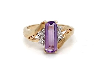 Vintage 10K Yellow Gold Amethyst and Diamond Ring - February Birthstone