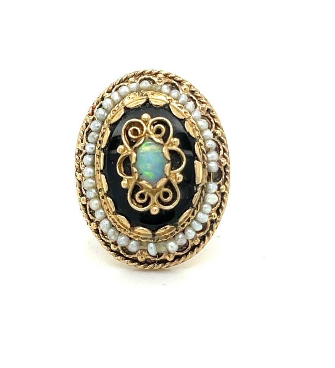 Vintage 14K Yellow Gold Onyx, Opal, and Seed Pearl Cocktail Ring