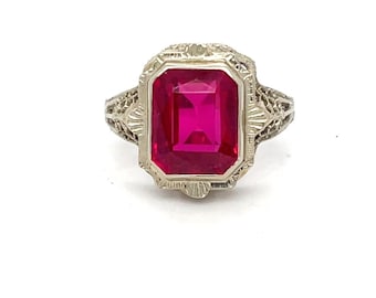 Vintage 14K White Gold Filigree Cocktail Ring Synthetic Ruby - July Birthstone