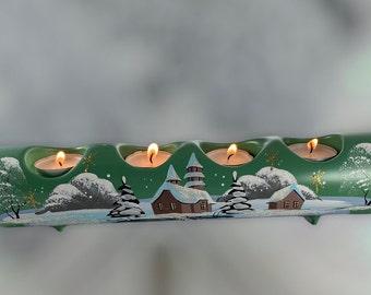 Hand Painted Glass Christmas Log- 4 Candle Holder