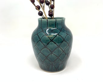 Dark Green Graphic Design Vase, Hand Made Pottery Vase, Ikebana Vase