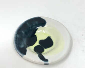 Tiny Ring Dish, Ceramic Blue and Yellow Ring Dish, Abstract Design Ring Dish, Pottery Ring Dish