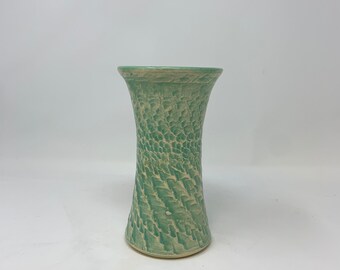 Chatter Carved Flower Vase, Handmade Ceramic Vase, Green Chatter Vase