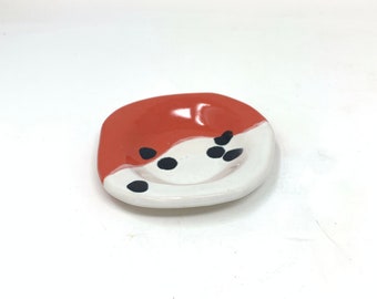 Tiny Ring Holder, Pottery Ring Holder, Ceramic Jewelry Dish, Handmade Pottery Ring Dish, Abstract Red and White Ring Dish