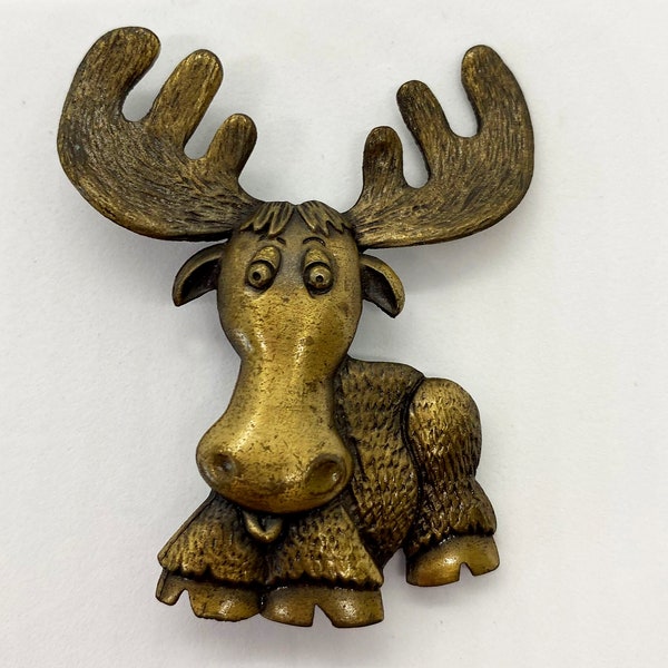 Vintage 1980s moose brooch pin Signed JJ - Jonette Jewelry -  antique gold / brass tone animal costume jewelry