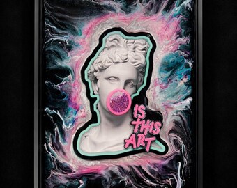 Resin Wall Art – Pop Bust with Neon “Is This Art” Sign – LED Decor