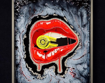Bullet Pop Art Wall Decor – Red Lips Resin Artwork | Bold Modern Bar Art