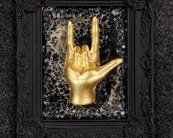 Gold Rock Hand Resin Art – Matte Black Ornate Frame Wall Decor