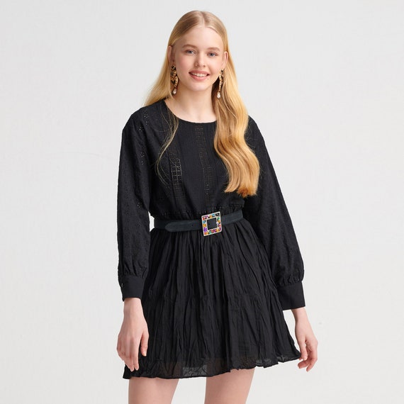 black embroidered mini dress