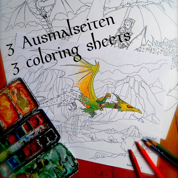 Dream away! 3 coloring sheets for adults - dragon riders