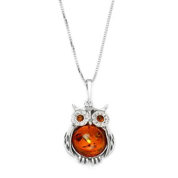 Collier hibou en ambre de la Baltique sur argent 925, hibou en ambre, collier en ambre