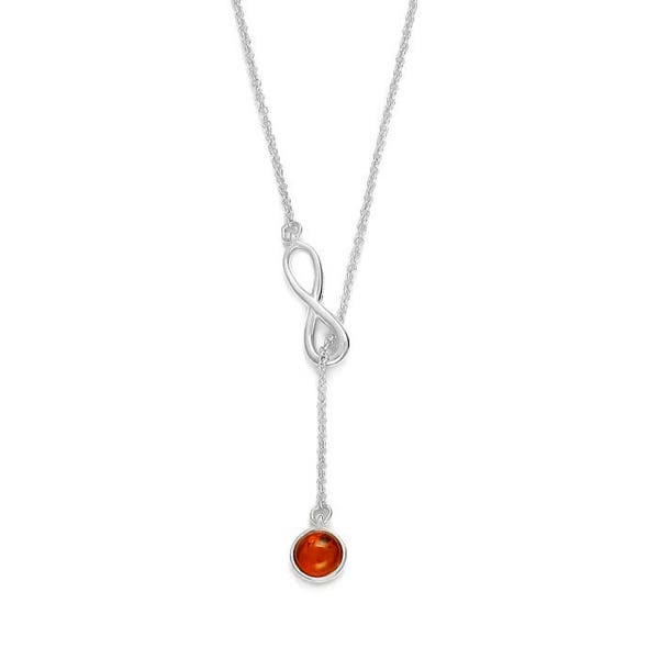 Collier réglable infini en ambre de la Baltique et argent rhodié.