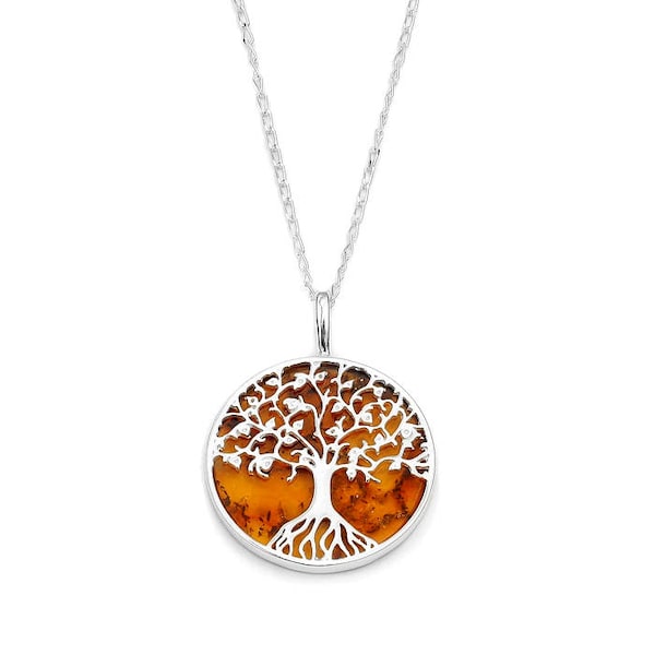 Collier arbre de vie Yggdrasil  ambre sur argent, pendentif .