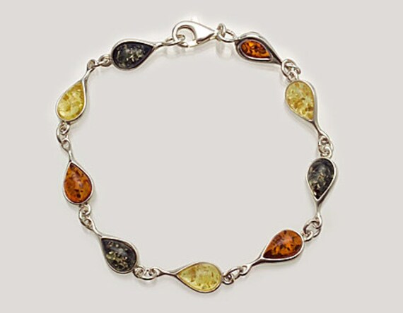 Multicolored Amber Drop Bracelet on 925 Silver, Amber Bracelet