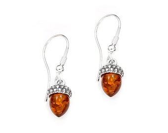 Boucles d'oreilles gland sur argent 925 rhodié, ambre de la Baltique