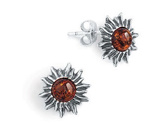 Amber sun stud earrings on silver