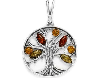 Pendant of multicolored amber and silver 925/1000 (Yggdrasil) tree of life.