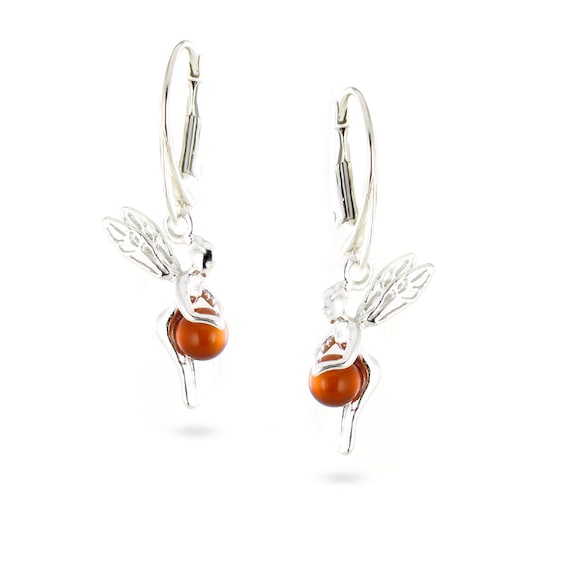 Boucles d'oreille en argent rhodié pierre Ambre véritable 6mm dans cercle et fermoir poussette