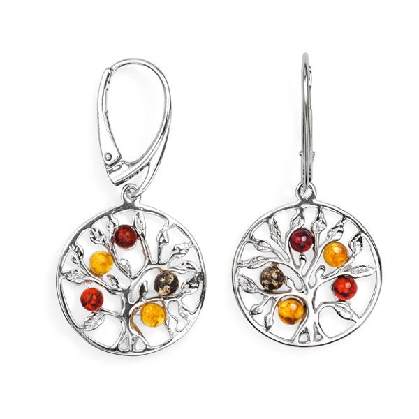 Boucles d'oreilles arbre de vie en ambre multicolore sur argent 925.