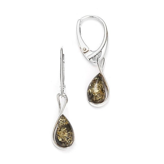 Boucles D'oreilles Ambre Vert Argent 925 - Pierres Rondes Naturelles - Longueur 1.8cm Neuf Avec étiquettes