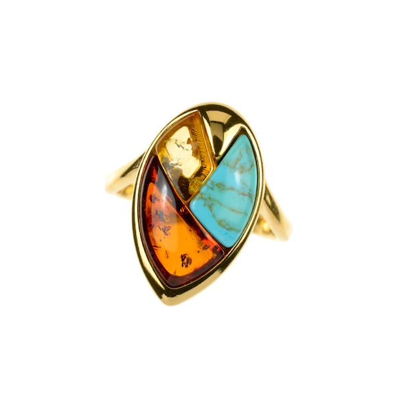 Bague ambre et turquoise sur vermeil, tailles disponibles 52,55,62